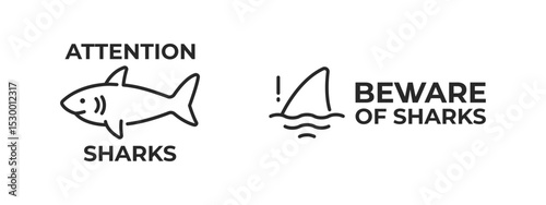 Beware of sharks signs and danger warning symbols.
Vector alert icons for ocean hazard or safety themes