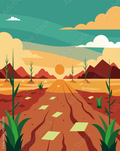 A landscape of wasted potential as fields of parched and unyielding crops stand as a testament to the damaging effects of unsustainable agriculture.. Vector illustration