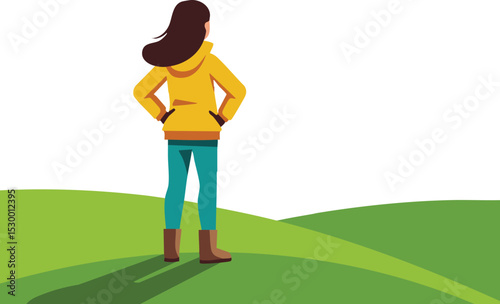 Woman standing on green grass field wearing yellow jacket and blue pants outdoor scene vector illustration 