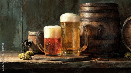 A pair of frothy beer mugs sits on a wooden surface, surrounded by aged barrels and delicate hops, capturing the spirit of a joyful celebration in a cozy atmosphere