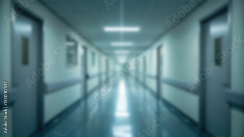 Blurred hospital corridor with closed patient room doors, bright fluorescent lights, and sterile, quiet atmosphere. Ideal abstract background for medical/healthcare use