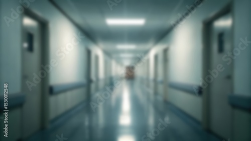 Blurred hospital corridor with closed patient room doors, bright fluorescent lights, and sterile, quiet atmosphere. Ideal abstract background for medical/healthcare use