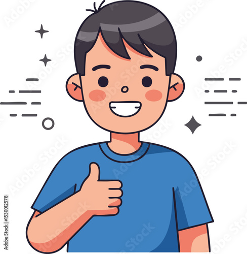 Smiling boy giving thumbs up gesture in blue shirt cheerful positive attitude vector illustration 