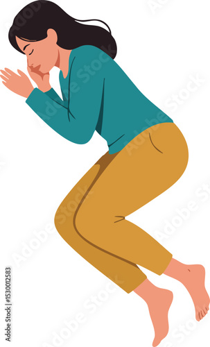 Woman sleeping peacefully in fetal position on white background with teal sweater and mustard pants vector illustration 