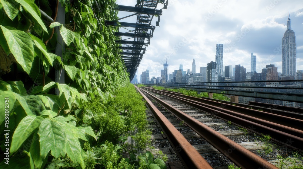 Fototapeta premium Urban landscape with lush greenery and train tracks. City skyline in the distance