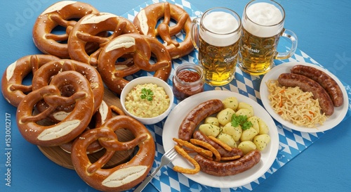 Traditional German food spread.  A selection of pretzels, sausages, boiled potatoes, sauerkraut, mustard, and beer