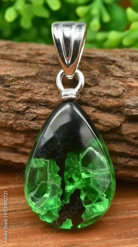 Beautiful green gemstone pendant with black accents displayed on a wooden surface