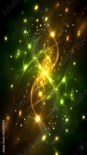 Colorful abstract design with glowing lights in a mesmerizing pattern showcasing green and gold hues against a dark background