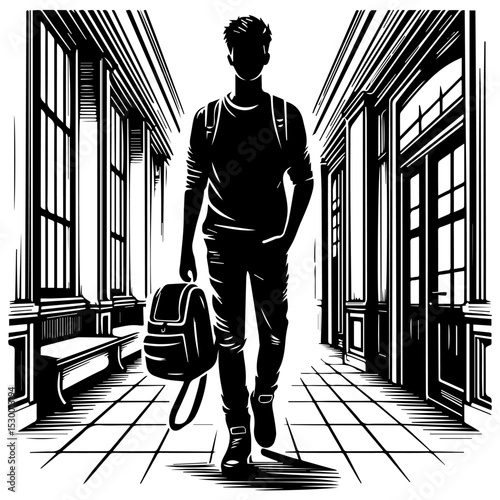 A black and white silhouette of a student walking along a corridor at the university with a backpack in his hands on a white isolated background. Vector graphics. EPS.