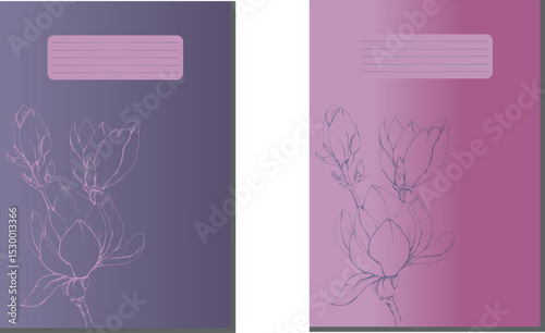 Cover  with magnolia branch. Liner composition on pink gray background.  Vector template for notebooks, copybooks.