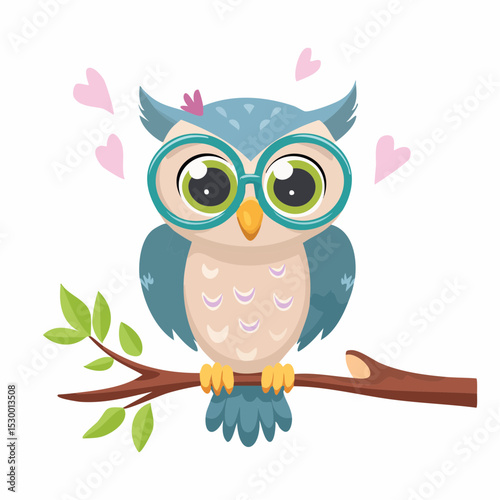 Illustration of a cute owl wearing glasses perched on a branch with hearts around