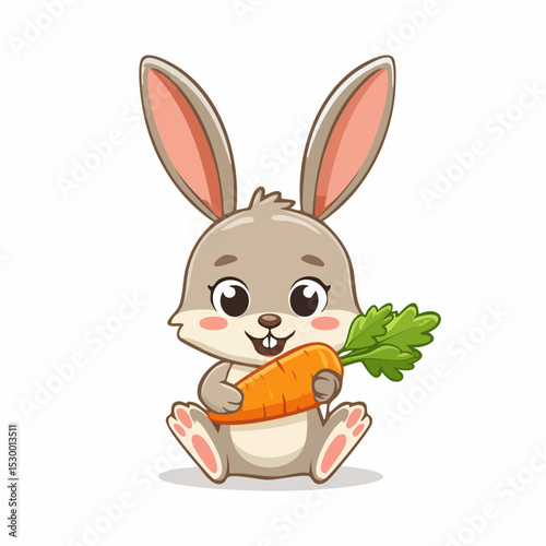 Cartoon bunny sitting and holding a carrot with green leaves illustration
