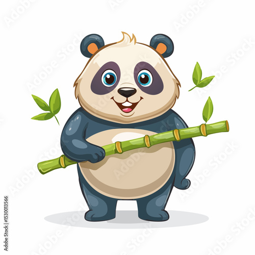 A cartoon panda standing and holding a bamboo stalk with leaves around it