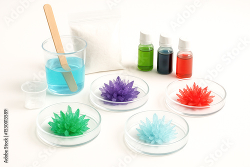 Colorful crystal growing kit with chemical reagent and petri dishes