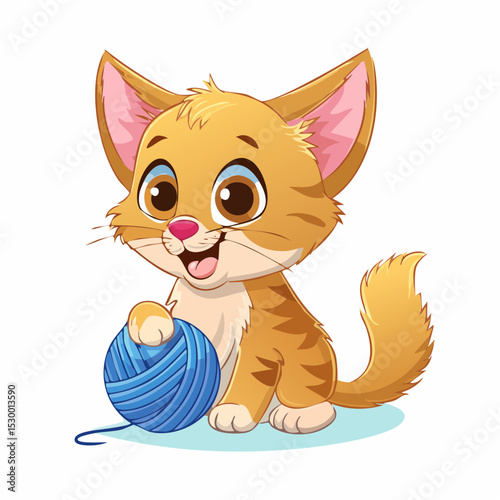 A cartoon orange tabby kitten playing with a blue ball of yarn on white background