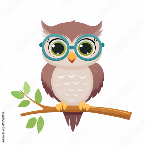 Cartoon owl with glasses perched on a branch with green leaves illustration