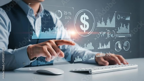 Man interacting with digital financial interface using keyboard and mouse on a white desk top