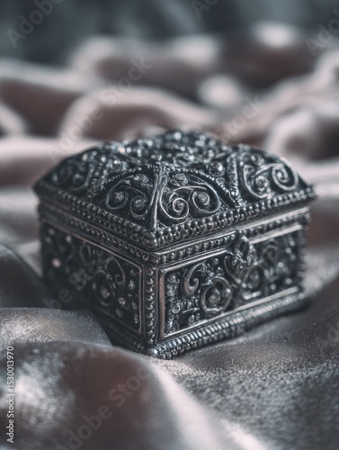 Ornate, decorative metal box resting on a smooth surface.
