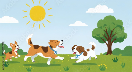 Three dogs running and playing together in a sunny park with a tree and clouds in the background
