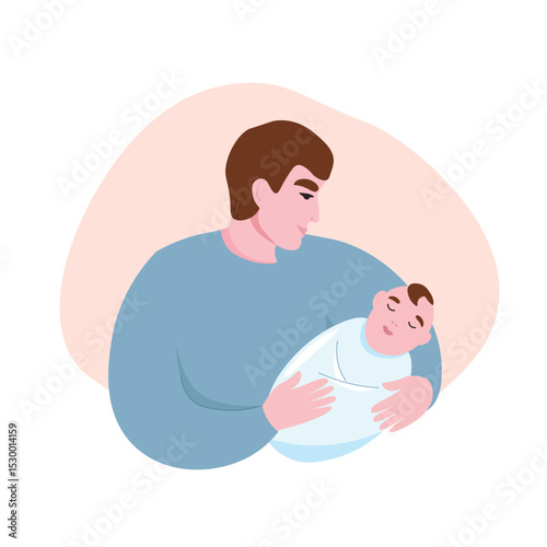 Father holds baby in his arms. Man with newborn. Vector flat graphics.