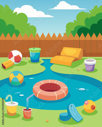 A backyard littered with plastic water toys and pool floats discarded after just one summer of use.. Vector illustration
