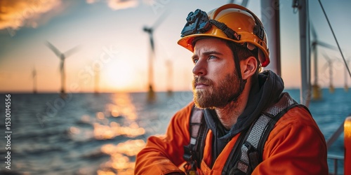 Worker at offshore wind farm at sunset. Renewable energy professional in safety gear overlooking wind turbines on the ocean for sustainable power generation.