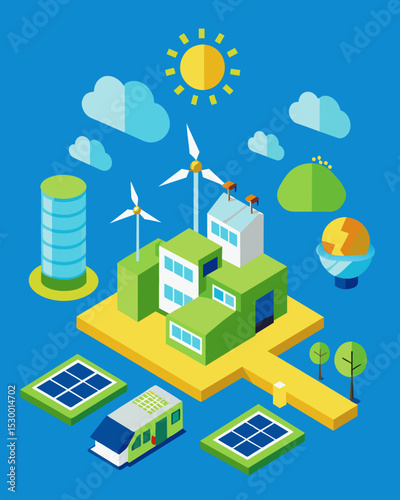 A global tech company implementing renewable energy sources such as solar panels to power their offices.. Vector illustration