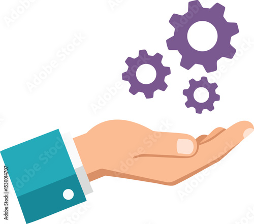 Human hand holding purple gears symbolizing teamwork and process management in business workflow vector illustration 