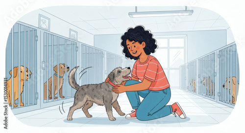 A woman petting a dog in an animal shelter with other dogs in cages along a white tiled wall