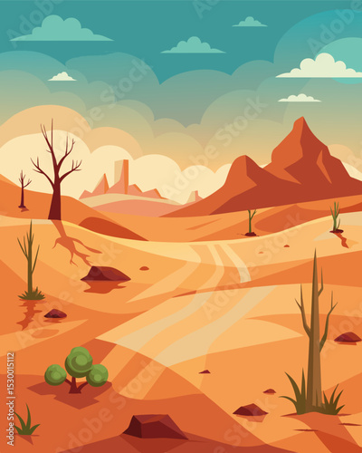 A desert landscape once fertile and full of life now turned into a barren wasteland due to unsustainable agricultural practices.. Vector illustration