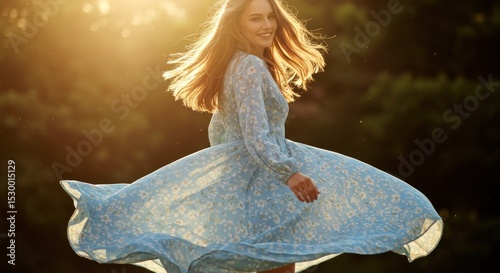 Woman in light blue dress whirling in a sunlit field
