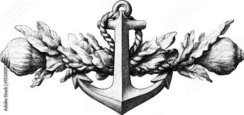 Nautical anchor with entwined rope and barnacle accents design for marine decor