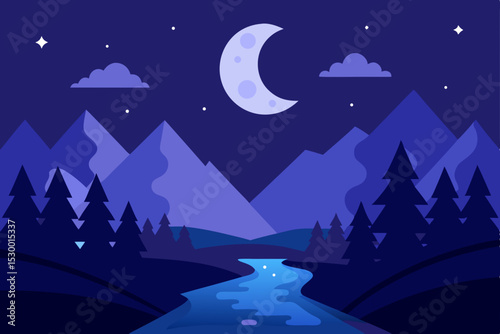 Christmas winter night landscape with a starry sky and moonlit house
