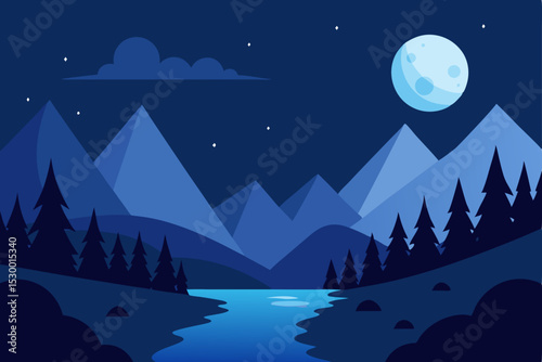 Christmas winter night landscape with moon and starry sky