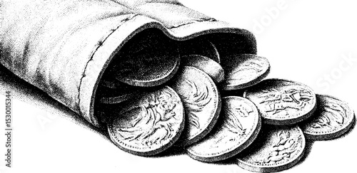 Ancient coin hoard spilling from leather pouch - historical treasure discovery