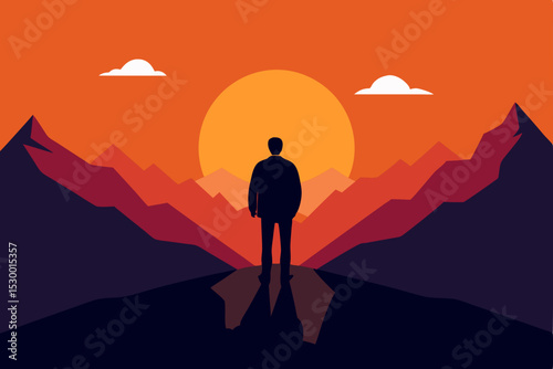 Golden sunset paints a lone hiker's silhouette atop a majestic mountain