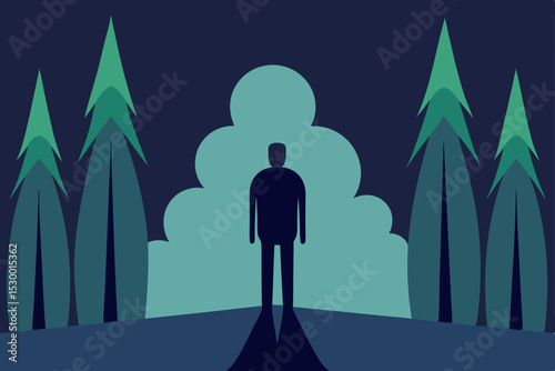 Silhouette of a businessman walking through a lit doorway in the dark woods at night