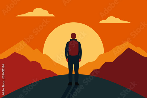 
Silhouette of a lone businessman walking on a mountain road at sunset
