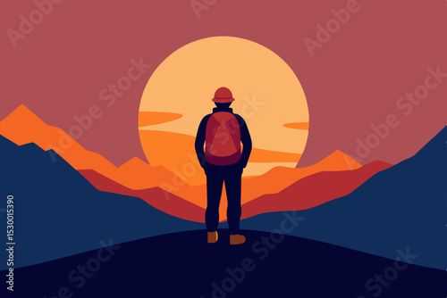 Solitary man on a mountain rock at sunset, a silhouette of freedom and success in nature's landscape
