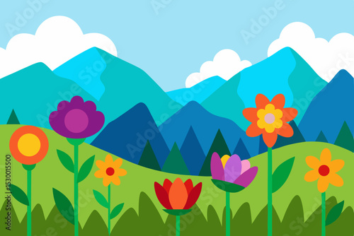 Spring mountain landscape with flowers, green grass, and a clear sky, illustrating a natural meadow view