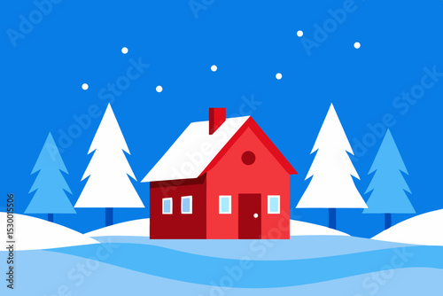 Christmas winter landscape with a cozy house and snow-covered trees, a festive holiday season illustration for a greeting card