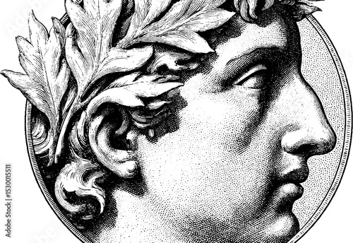 Antique coin design featuring worn relief and laurel border for historical art projects