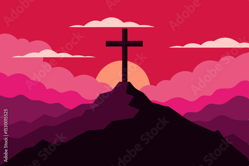 Christian faith symbolized by a crucifix silhouette against a vibrant sunset sky over a majestic mountain landscape