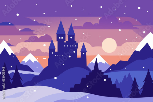Winter night cartoon castle landscape with snow and moon