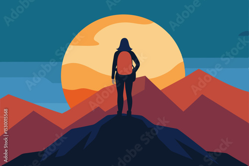 Sunset silhouette of a person on a mountain peak, celebrating success and freedom amidst a vast landscape