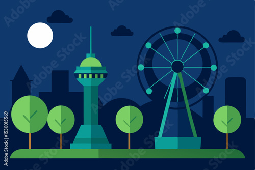 Green eco city at night illustration with wind turbine energy symbol and park landscape