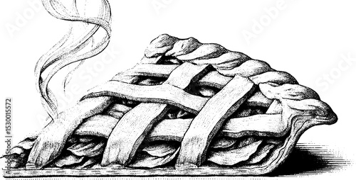 Warm slice of apple pie with lattice crust and rising steam for dessert or culinary design