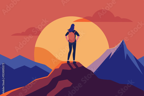 Woman hiking a mountain at sunset, a silhouette of success against the orange sky