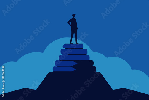 Abstract 3D illustration of a businessman in a suit climbing a career ladder towards success in the sky