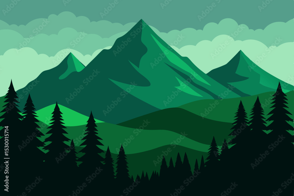 Fototapeta premium Mountain forest landscape with trees and clouds, a view of nature's peaks